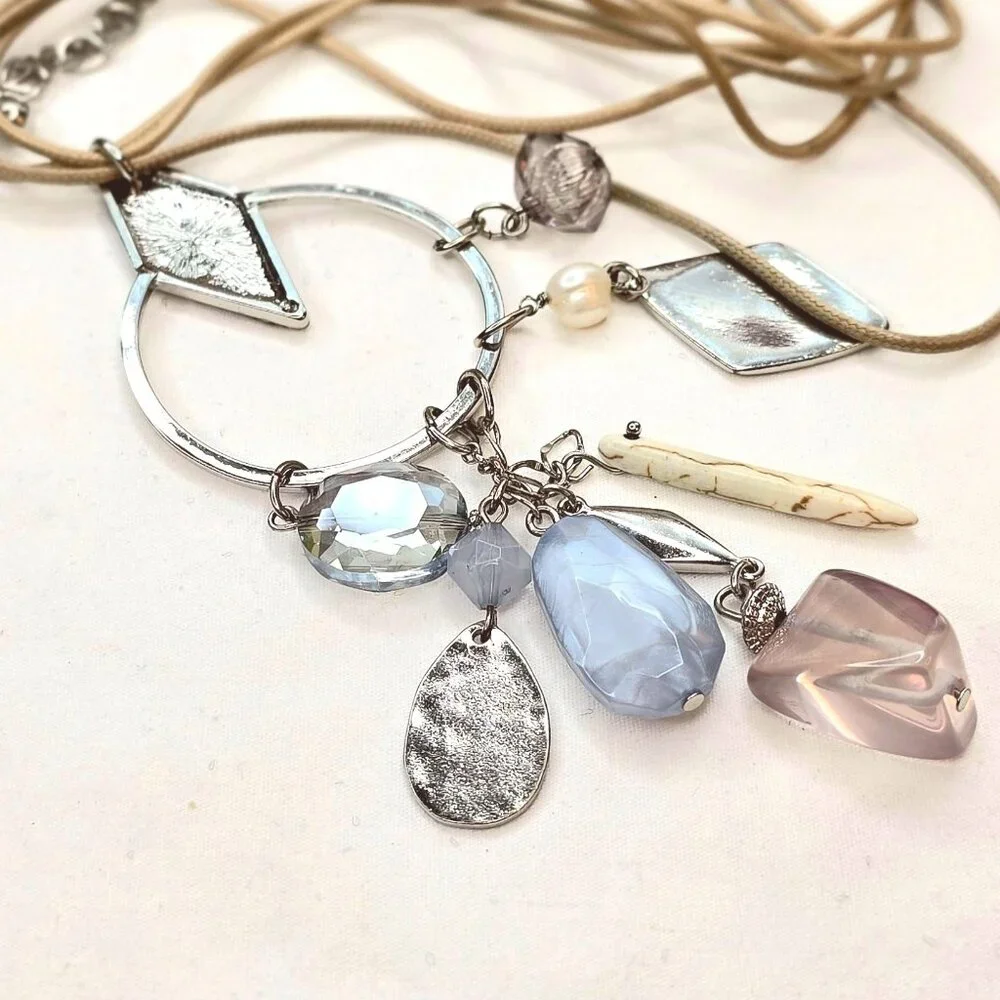 Chicos Boho Rose Quartz and Jasper Gemstone Leather Long Necklace - Picture 12 of 15